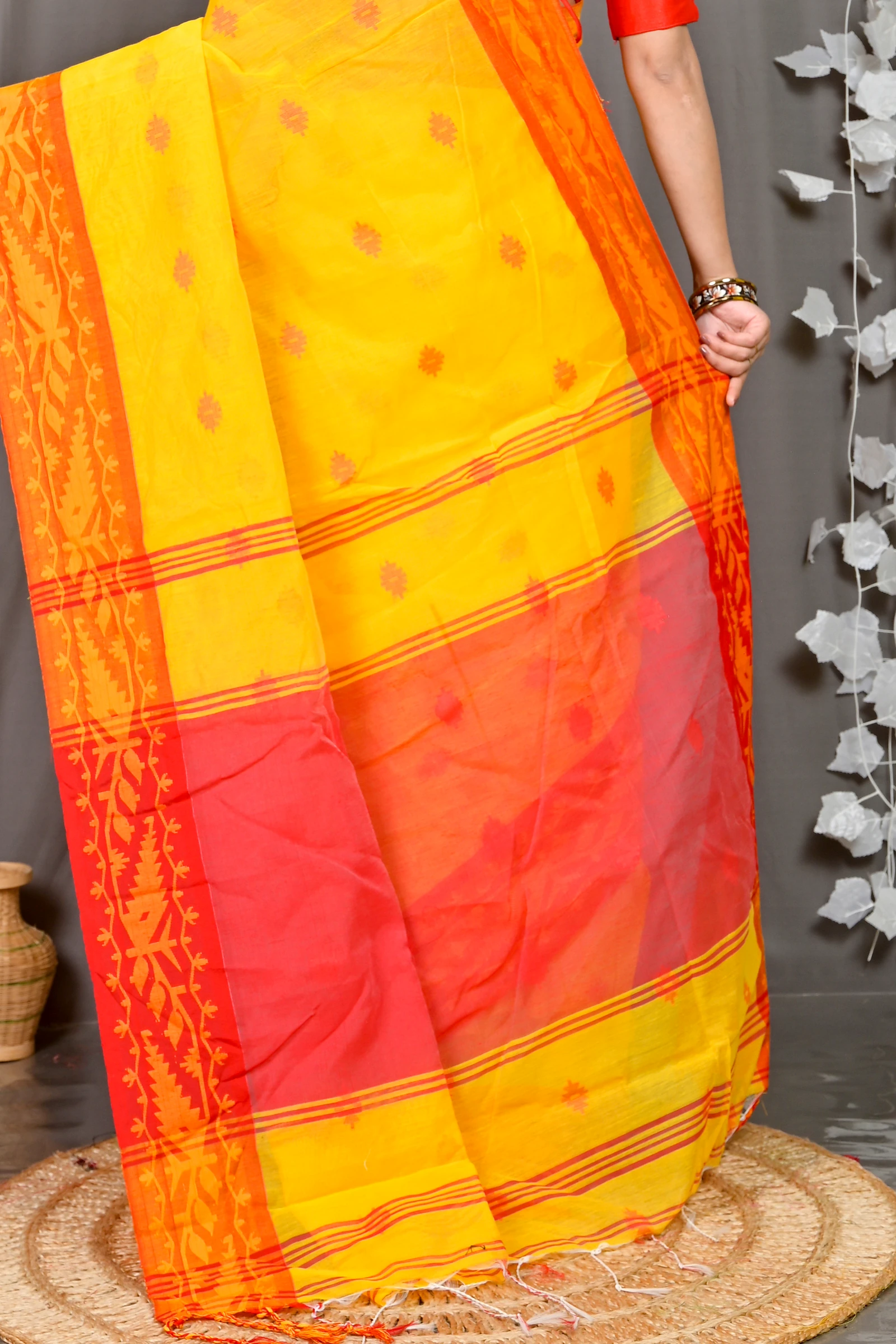 Yellow Red Cotton Blended Parul Hand Loom Saree (550)